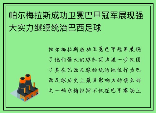 帕尔梅拉斯成功卫冕巴甲冠军展现强大实力继续统治巴西足球
